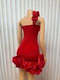 Women Solid One Shoulder Strapless Bodycon Ruffle Dress