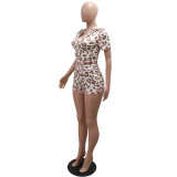 Women Casual Letter Printed Hooded Zipper Top and Shorts Two-piece Set