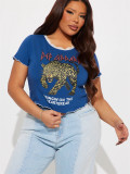 Women summer leopard print Letter print lace neckline Crop T-shirt