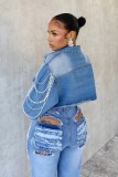 Women Summer Ripped Heavy Beaded Stretchy Denim Pants and Jacket Two-Piece Set