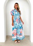 Women summer casual lace print long dress