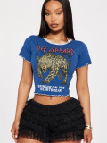 Women summer leopard print Letter print lace neckline Crop T-shirt