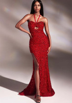 Women Elegant Sexy Strapless Slit Dinner Dance Maxi Dress