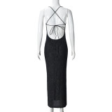 Women Dress Off Shoulder Lace-up Halter Neck Backless Maxi Dress