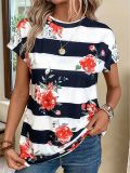 Women Round Neck Striped Printed Casual Short Sleeve Top