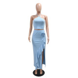 Women Summer Solid Lace-up Sleeveless Top Ruffle Skirt Two-piece Set