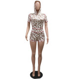 Women Casual Letter Printed Hooded Zipper Top and Shorts Two-piece Set