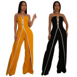 Women Sexy Strapless Metal Button Sleeveless Wide Leg Pants