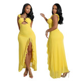 Women Sexy Halter Hollow Solid Slit Maxi Dress
