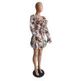 Women Summer Sexy Printed Ruffled Collar Lace-Up Mesh Dress