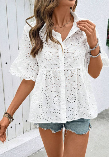 Women Spring White Embroidered Short Puff Sleeve Shirt