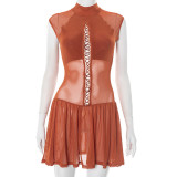 Women Spring and Summer Half-high Neck Lace-up Hollow Lace-Up Patchwork Mesh Pleated Dress