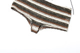 Women Spring Summer Sexy Halter Neck Lace-Up Striped Bikini Three-Piece