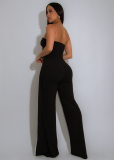 Women Sexy Strapless Metal Button Sleeveless Wide Leg Pants