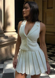 Women spring sexy v-neck vest and pleated Skirt two-piece set