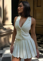 Women spring sexy v-neck vest and pleated Skirt two-piece set