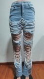 Women Summer Ripped Heavy Beaded Stretchy Denim Pants and Jacket Two-Piece Set