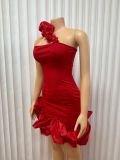 Women Solid One Shoulder Strapless Bodycon Ruffle Dress