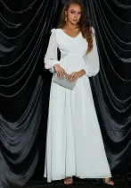 Women Solid Long Sleeve V-Neck Chiffon Formal Party Dress