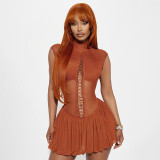 Women Spring and Summer Half-high Neck Lace-up Hollow Lace-Up Patchwork Mesh Pleated Dress