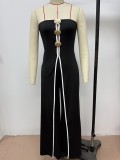 Women Sexy Strapless Metal Button Sleeveless Wide Leg Pants