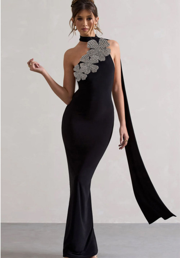 Women Spring Summer Flower One Shoulder Bandage Beaded Maxi Dress