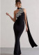 Women Spring Summer Flower One Shoulder Bandage Beaded Maxi Dress