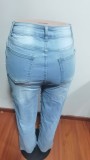 Women Summer Ripped Heavy Beaded Stretchy Denim Pants and Jacket Two-Piece Set