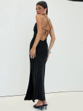 Women Dress Off Shoulder Lace-up Halter Neck Backless Maxi Dress