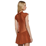 Women Spring and Summer Half-high Neck Lace-up Hollow Lace-Up Patchwork Mesh Pleated Dress
