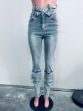 Women Fashion Double Waist Cargo Denim Trousers