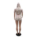 Women Casual Letter Printed Hooded Zipper Top and Shorts Two-piece Set