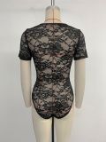 Women summer party lace short sleeve v-neck lace sexy jumpsuit