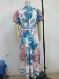 Women summer casual lace print long dress