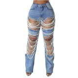 Women Summer Ripped Heavy Beaded Stretchy Denim Pants and Jacket Two-Piece Set