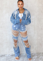 Women Summer Ripped Heavy Beaded Stretchy Denim Pants and Jacket Two-Piece Set