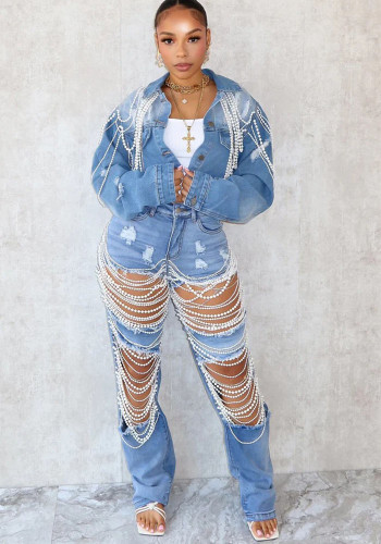 Women Summer Ripped Heavy Beaded Stretchy Denim Pants and Jacket Two-Piece Set