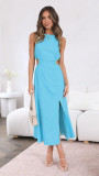 Women summer solid round neck dress