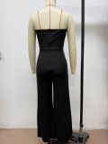 Women Sexy Strapless Metal Button Sleeveless Wide Leg Pants