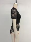 Women summer party lace short sleeve v-neck lace sexy jumpsuit
