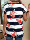 Women Round Neck Striped Printed Casual Short Sleeve Top