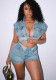 Women Casual Stretchy Denim Top and Shorts Two-Piece Set