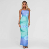 Women summer sexy gradient print strap Bodycon Dress