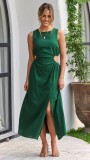 Women summer solid round neck dress