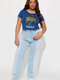 Women summer leopard print Letter print lace neckline Crop T-shirt