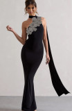 Women Spring Summer Flower One Shoulder Bandage Beaded Maxi Dress