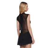 Women Spring and Summer Half-high Neck Lace-up Hollow Lace-Up Patchwork Mesh Pleated Dress