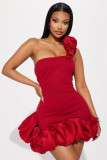 Women Solid One Shoulder Strapless Bodycon Ruffle Dress