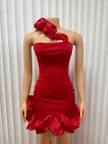 Women Solid One Shoulder Strapless Bodycon Ruffle Dress