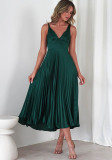 Women summer solid pleated sexy v-neck Strap Dress